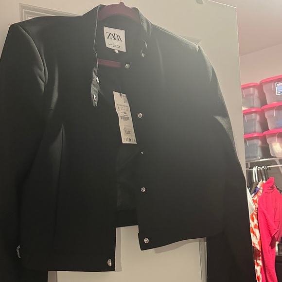 Zara Women's Chic Black Motto Collar Jacket - Picture 3 of 6